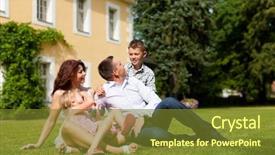  Presentation with new home - Slide deck consisting of green homes - young happy family sitting background and a tawny brown colored foreground