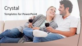  Presentation with living room - PPT theme having house husband - young couple having a glass background and a sky blue colored foreground