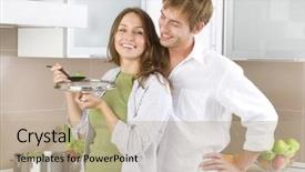  Presentation with young happy couple - Cool new presentation theme with house husband - young happy couple cooking together backdrop and a  colored foreground