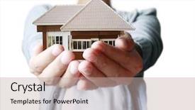  Presentation with human - Amazing PPT theme having house-in-human-hands backdrop and a mint green colored foreground