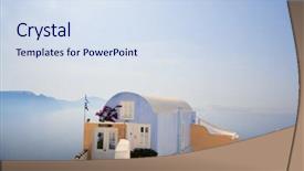  Presentation with spectacular - Audience pleasing presentation theme consisting of house in oia village and spectacular caldera surrounding beautiful island of santorini greece backdrop and a sky blue colored foreground