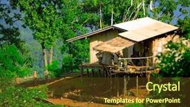 Presentation with hut - Colorful presentation theme enhanced with house jungle - bamboo hut on mountainside backdrop and a tawny brown colored foreground