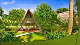  Presentation with tropical beach party - Presentation having house jungle - bungalow in hotel at tropical background and a  colored foreground