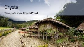  Presentation with village - Audience pleasing PPT theme consisting of house jungle - traditional village hut in papua backdrop and a light blue colored foreground