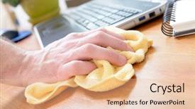  Presentation with cleaning - Beautiful PPT theme featuring house keeper - hand cleaning desk with yellow backdrop and a coral colored foreground