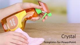  Presentation with furniture - Colorful slide set enhanced with house keeper - hand cleaning wooden table backdrop and a coral colored foreground