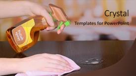  Presentation with furniture - Colorful presentation theme enhanced with house keeping - hand cleaning wooden table backdrop and a coral colored foreground