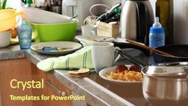  Presentation with kitchen - Slides with house keeping - pile of dirty dishes background and a tawny brown colored foreground