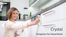  Presentation with pregnant woman cleaning - Amazing presentation theme having house keeping - young woman doing housework cleaning backdrop and a white colored foreground