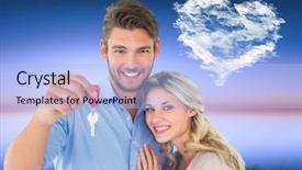  Presentation with house key - PPT theme featuring couple showing new house key background and a light blue colored foreground