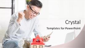  Presentation with portrait happy family smiling - Colorful slides enhanced with house loan - portrait of happy 50s mature backdrop and a white colored foreground