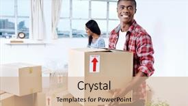  Presentation with new home - PPT theme featuring house loan - young black african couple moving background and a coral colored foreground