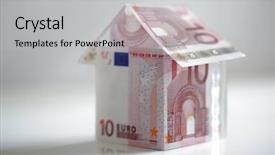  Presentation with mortgage - Beautiful theme featuring house made from ten euro banknotes concept for property prices mortgage or home finances backdrop and a light gray colored foreground