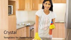  Presentation with indian - Slide set having house maid - attractive indian housewife cleaning background and a coral colored foreground