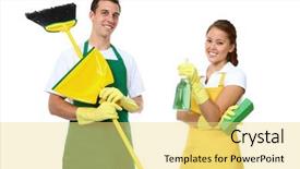  Presentation with cleaning - PPT theme enhanced with house maid - attractive man and woman holding background and a yellow colored foreground
