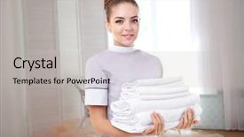  Presentation with clean house - Beautiful presentation theme featuring house maid - chambermaid holding clean towels backdrop and a light gray colored foreground