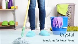  Presentation with room cleaning - PPT layouts enhanced with house maid - cleaning floor in room close-up background and a  colored foreground