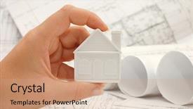  Presentation with project - PPT layouts featuring house model in a hand on the project background and a coral colored foreground