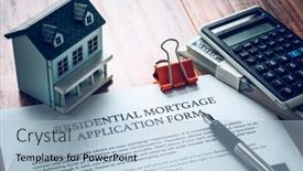  Presentation with mortgage - Presentation theme featuring house-model-with-mortgage-agreemen background and a light blue colored foreground