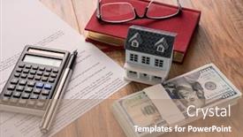  Presentation with mortgage - Audience pleasing presentation design consisting of house-model-with-mortgage-agreemen backdrop and a coral colored foreground