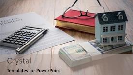  Presentation with mortgage - Presentation theme featuring house-model-with-mortgage-agreemen background and a light gray colored foreground