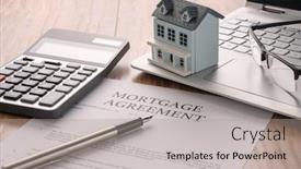  Presentation with mortgage - PPT theme consisting of house-model-with-mortgage-agreemen background and a light gray colored foreground