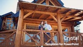  Presentation with tea - Colorful theme enhanced with house mountain - man and woman drinking tea backdrop and a tawny brown colored foreground