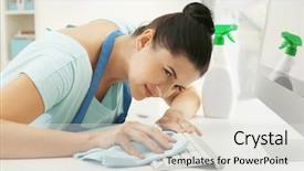  Presentation with office cleaning - Presentation having house mouse - young woman cleaning keyboard background and a light gray colored foreground