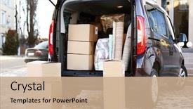  Presentation with cartoon - Slide deck with house moving concept cartoon boxes background and a coral colored foreground