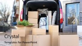  Presentation with cartoon - PPT theme consisting of house moving concept cartoon boxes background and a coral colored foreground