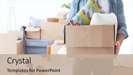  Presentation with cardboard - Slide deck consisting of house moving concept man holding background and a mint green colored foreground