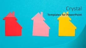  Presentation with home loan - PPT theme enhanced with house of paper in hand businesswoman home loan concept family home background and a teal colored foreground