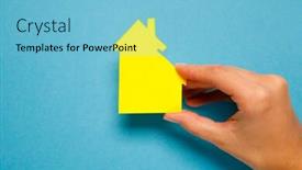  Presentation with home loan - PPT theme with house of paper in hand businesswoman home loan concept family home background and a light blue colored foreground