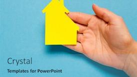  Presentation with home loan - Colorful slide set enhanced with house of paper in hand businesswoman home loan concept family home backdrop and a light blue colored foreground
