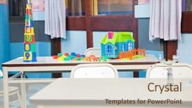  Presentation with blocks - Presentation design having house on desk in classroom background and a  colored foreground