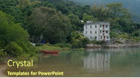  Presentation with house boat - Cool new theme with house-on-island-with-sea backdrop and a tawny brown colored foreground
