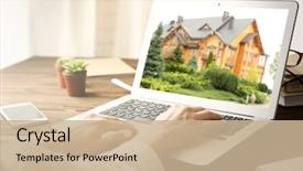  Presentation with online shopping - Beautiful PPT theme featuring house on real estate backdrop and a coral colored foreground