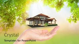  Presentation with green house - Presentation theme having house on woman hand over green leaf background background and a lemonade colored foreground