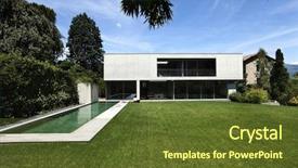  Presentation with house model software - PPT theme enhanced with house outdoors pool and garden background and a tawny brown colored foreground
