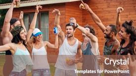  Presentation with group of three young girl - Audience pleasing presentation design consisting of best house - group of cheerful young friends backdrop and a coral colored foreground