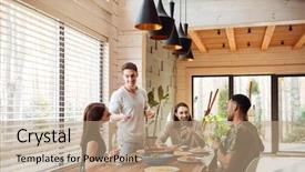  Presentation with group of happy couples - Amazing presentation having social housing - group of happy young people backdrop and a coral colored foreground