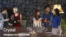  Presentation with dining table - Cool new presentation design with candlelight wine - group of multiethnic friends smiling backdrop and a tawny brown colored foreground