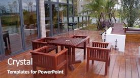  Presentation with chairs - Presentation with house patio with wooden table background and a tawny brown colored foreground