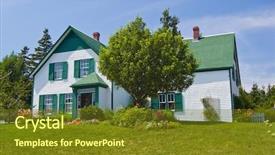 Presentation with farm house - PPT theme enhanced with house picket fence - green gables heritage farm shot background and a tawny brown colored foreground