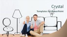  Presentation with new home - Beautiful PPT theme featuring house plans - people repair moving in interior backdrop and a sky blue colored foreground