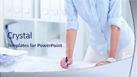  Presentation with portrait of excited overjoyed female - Presentation having house plans - portrait of female architect background and a sky blue colored foreground