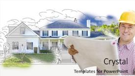  Presentation with contractor - Presentation design featuring house plans - smiling contractor holding blueprints background and a light gray colored foreground