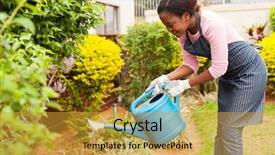  Presentation with garden - Presentation theme featuring house plants - happy young african woman watering background and a gold colored foreground