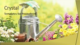  Presentation with gardening tools on fertile soil - Colorful PPT layouts enhanced with house plants - outdoor gardening tools and flowers backdrop and a blonde colored foreground