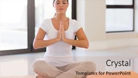  Presentation with om mantra meditation - PPT layouts with house prayer - peaceful young woman doing meditation background and a coral colored foreground